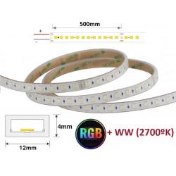 Tira LED 230V RGB+2700K 11W/mt 72L/mt. SMD 5050 IP67 12x4mm corte cada 500mm, Venta por metros, desde 14,20€/m